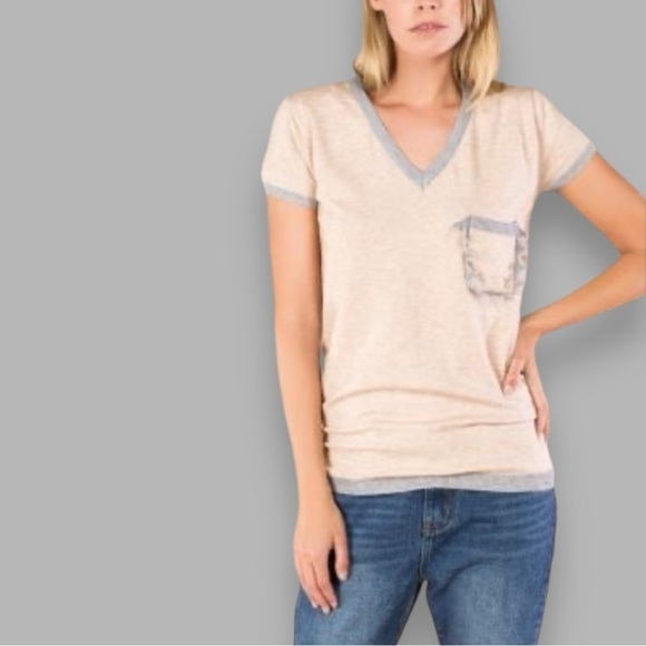 POL V Neck Pocket Short Sleeve Contrast Trim Sweater, Peach/Grey, Size Small - Picture 1 of 9